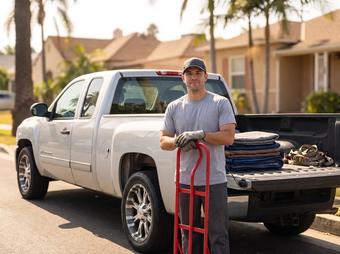 Worker with a hand truck beside the loaded pickup
