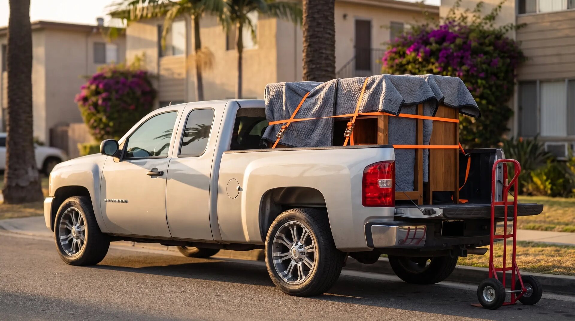 Silver Chevrolet Silverado pickup loaded with blanket-wrapped furniture on a West Los Angeles street