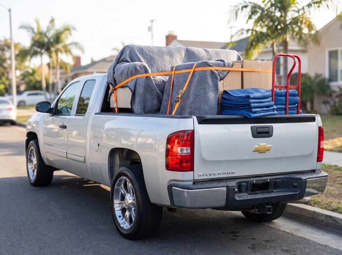 Furniture wrapped in moving blankets and strapped into the truck bed